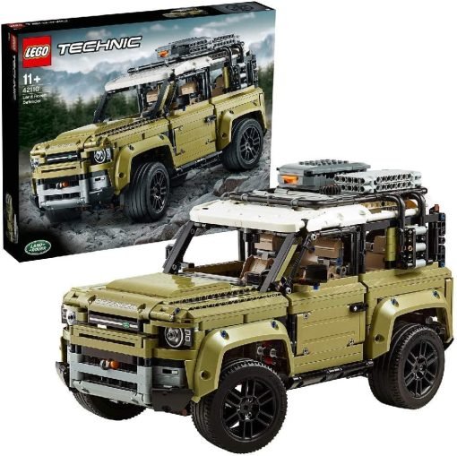 Immagine del modello di auto montato e della confezione di LEGO Technic Land Rover Defender set 42110