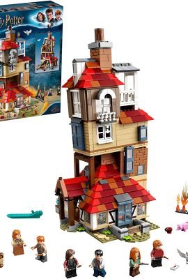 LEGO Harry Potter Attacco alla Tana 75980 Immagine della casa dei Weasley e delle 8 minifigure di fronte alla confezione