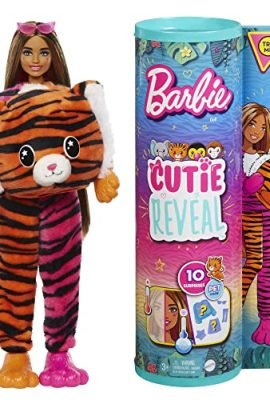 Barbie - Bambola Barbie Cutie Reveal Tigre, Serie Amici della giungla, con costume da tigre, di peluche e 10 sorprese con tecnologia cambia colore, Giocattolo per Bambini 3+ Anni, HKP99