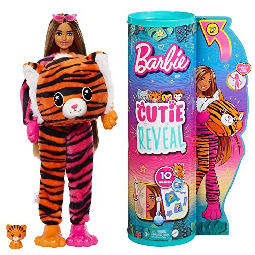 Barbie - Bambola Barbie Cutie Reveal Tigre, Serie Amici della giungla, con costume da tigre, di peluche e 10 sorprese con tecnologia cambia colore, Giocattolo per Bambini 3+ Anni, HKP99