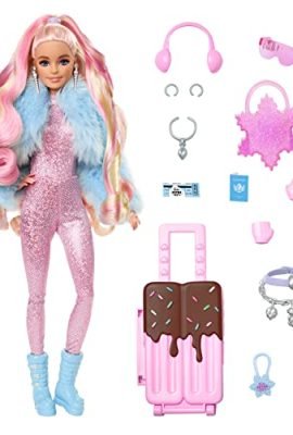 Barbie - Barbie Extra Fly, bambola viaggiatrice con look a tema neve, tuta rosa luccicante e cappotto alla moda, 15+ accessori per lo styling inclusi, giocattolo per bambini, 3+ anni, HPB16