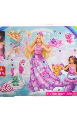 Barbie - Calendario dell'Avvento Barbie Dreamtopia, 24 Sorprese Tra Cui Una Bambola, Abiti da Sirena e Accessori da Favola, Personaggi Unicorno e Drago, Giocattolo per Bambini, 3+ Anni, HVK26