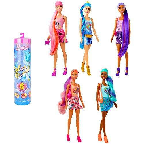 Barbie - Color Reveal Serie Jeans, Bambola con 6 sorprese da scoprire, stampa patchwork ed effetto cambia colore, giocattolo per bambini, 3+ anni, HJX55