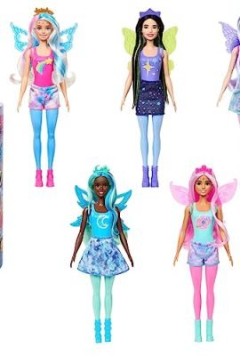 Barbie - Color Reveal Serie Rainbow Galaxy, bambola con 6 sorprese da scoprire, con brillantini celestiali ed effetto cambia colore, giocattolo per bambini, 3+ anni, HJX61