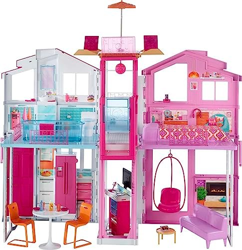 Barbie - La Casa a 3 piani, playset con ascensore e altalena, mobili e accessori inclusi, chiudibile per il trasporto, giocattolo per bambini, 3+ anni, DLY32