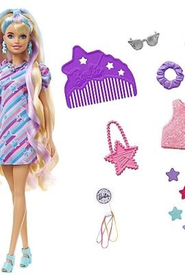 Barbie - Super Chioma Bambola con abito a stelle, capelli fantasia lunghi 21,6cm, abito, 15 accessori alla moda - 8 con effetto cambia colore, Giocattolo per Bambini 3+ Anni, HCM88