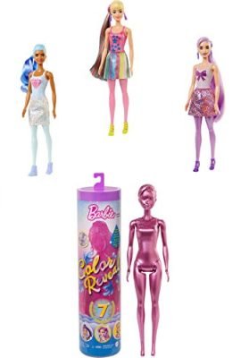 ​Barbie Color Reveal Serie Metallic, Bambola con 7 Sorprese, Assortimento Casuale, Giocattolo per Bambini 3+Anni,GTR93