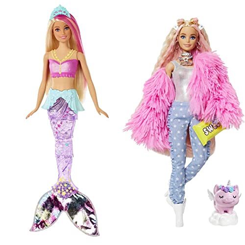 Barbie Dreamtopia Bambola Sirena, Bionda con Coda che Si Muove e Luci, Giocattolo per Bambini 3 + Anni, Multicolore & Extra n.3 - Bambola Snodata con Pelliccia Rosa e Maialino-Unicorno - 15 Accessori