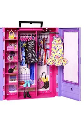 Barbie Fashionistas Armadio Moda Look Playset con bambola, richiudibile e trasportabile, abiti, accessori e grucce, Giocattolo e regalo per Bambini 3+ Anni, HJL66