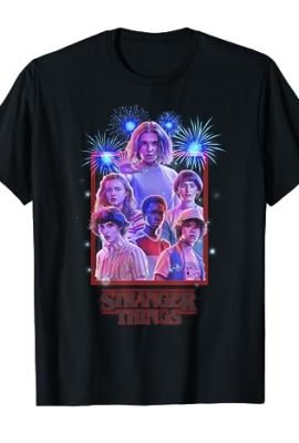 Netflix Stranger Things Group Shot Fireworks Poster Maglietta