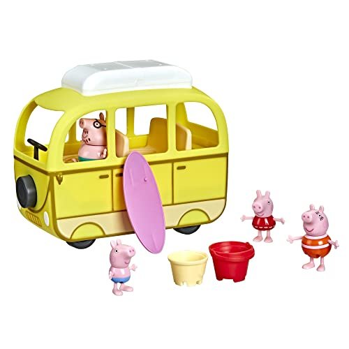 Peppa Pig - Camper alla Spiaggia, Veicolo Giocattolo per età Prescolare, 10 Pezzi, Ruote Che Girano, dai 3 Anni in su, Multicolore