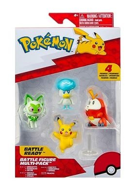 Pokemon PKW3402 - Confezione da 4 figure di battaglia con Pikachu, croco, kwak, felori, personaggi ufficiali dettagliati, 5 cm