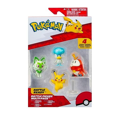 Pokemon PKW3402 - Confezione da 4 figure di battaglia con Pikachu, croco, kwak, felori, personaggi ufficiali dettagliati, 5 cm