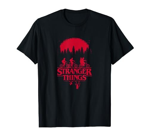 Stranger Things Group Shot Bike Ride Upside Down Silhouette Maglietta