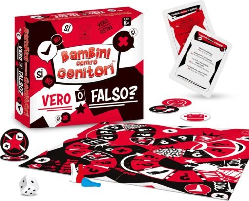 Bambini contro genitori: vero o falso, immagine dei componenti e della confezione del gioco da tavolo