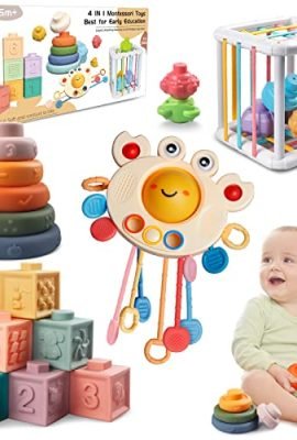 Aliex Giochi Montessori Neonato 6 Mesi - 3 Anno, 4 in 1 Gioco | Forme Sensoriali | Cubi impilabili | Giochini Regalo Bambino e Bambina 6 9 12 Mesi 1 2 3 Anno