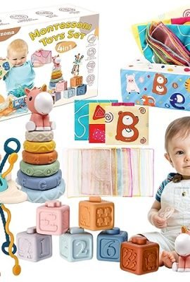 Auezona Giochi Montessori 6-9 mesi, 4 in 1 Giochi Neonati Bambini con UFO Giochi Bambini, Giocattoli Neonati Blocchi di Costruzione Impilabili per Giochi Neonati Montessori 3 6 9 12 mesi 1 2 3 Anno