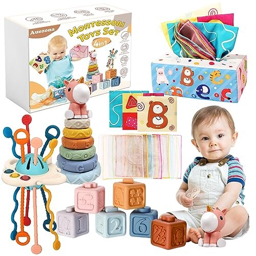 Auezona Giochi Montessori 6-9 mesi, 4 in 1 Giochi Neonati Bambini con UFO Giochi Bambini, Giocattoli Neonati Blocchi di Costruzione Impilabili per Giochi Neonati Montessori 3 6 9 12 mesi 1 2 3 Anno
