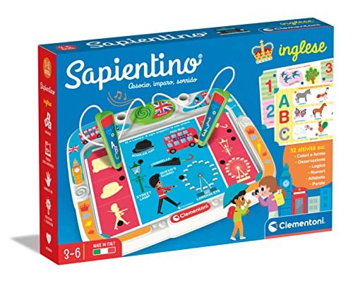 Clementoni- Sapientino Inglese-Banchetto con Schede attività E Penne Interattive, Gioco Educativo 3 Anni, Elettronico (Versione in Italiano) -Made in Italy, Multicolore, 16387