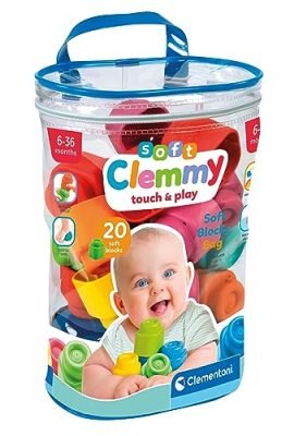 Clementoni-Soft Sacca 20 Set Costruzioni Prima Infanzia, Mattoncini Morbidi Clemmy, Blocchi Bambini 6 Mesi, Gioco Sensoriale, Impilabili, 100% Lavabili, Made in Italy, Colore Multilingua, 17877