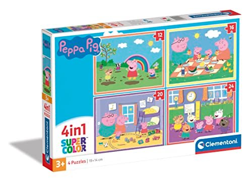 Clementoni Supercolor Peppa Pig-4 12,16,20 e 24 Pezzi Bambini 3 Anni, Puzzle Cartoni Animati-Made In Italy, Multicolore, 21516
