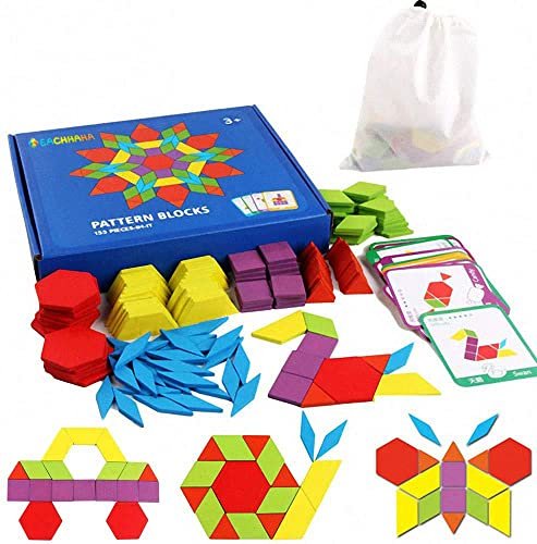 EACHHAHA Montessori Puzzle in Legno di 155 Forma Geometrica -Tangram Toy Card Divertente Giocattolo educativo - Ci Sono 155 Pezzi Geometriche e 24 Carte di apprendimento-per 3 4 5 6 Anni Bambini