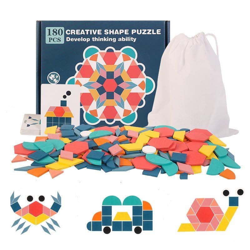 EACHHAHA Montessori Puzzle in Legno di 180 Forma Geometrica -Tangram Toy Card Divertente Giocattolo educativo - Ci Sono 180 Pezzi Geometriche e 24 carte di apprendimento-per 3 4 5 6 Anni Bambini