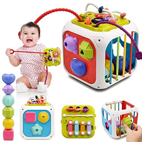 Giochi Bambini 1 2 Anno, 7 in 1 Montessori Sensoriali Giocattoli 6 9 18 Mesi Educativi Cubo di Attività Selezionatore di Forme, Motor Skill Development Compleanno Regalo
