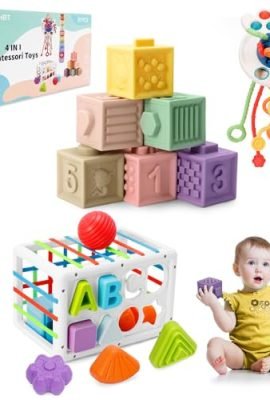 Giochi Neonato 6 9 12 Mesi, 4 in 1 Giochi Montessori 1 Anno, Giocattoli Sensoriali Bambini, Blocchi Tazze Impilabili, Cubo di Abilità Motorie, Giochi Educativi, Regalo Bambino e Bambina
