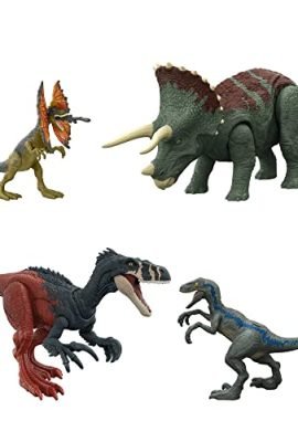 Jurassic World Dominion - Set Base Dinosauri Istinto Primordiale, include 4 Megaraptor, Pteranodonte Attacco Ruggente, Velociraptor Blue e Dilofosauro, giocattolo per bambini, 4+ anni, HJJ85