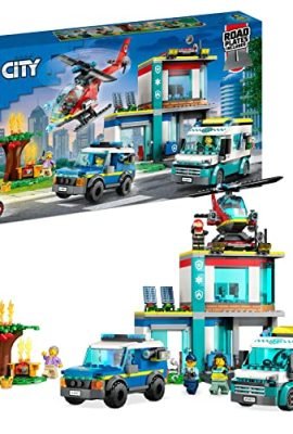 LEGO 60371 City Quartier Generale Veicoli d’Emergenza con Elicottero, Ambulanza, Macchina Polizia e Moto Giocattolo, Giochi per Bambini e Bambine