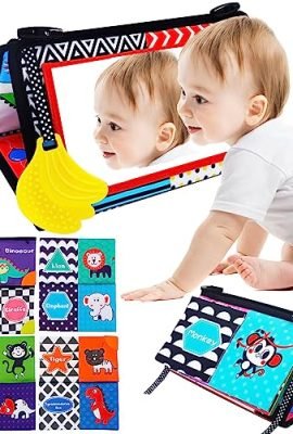 Specchio Giocattolo Montessori, Specchio Risveglio Bambini in Tessuto Stropicciato e Anello per la Dentizione, Libro Neonato Sensoriale Stoffa Colorato Animali, Gioco Risveglio per Bimbi da 0 a 6 Mesi
