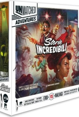 Unmatched Adventures: Storie Incredibili immagine della confezione del gioco da tavolo di ManCalamaro con Nilkola Tesla e Fantaman in copertina
