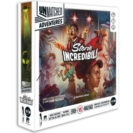 Unmatched Adventures: Storie Incredibili immagine della confezione del gioco da tavolo di ManCalamaro con Nilkola Tesla e Fantaman in copertina