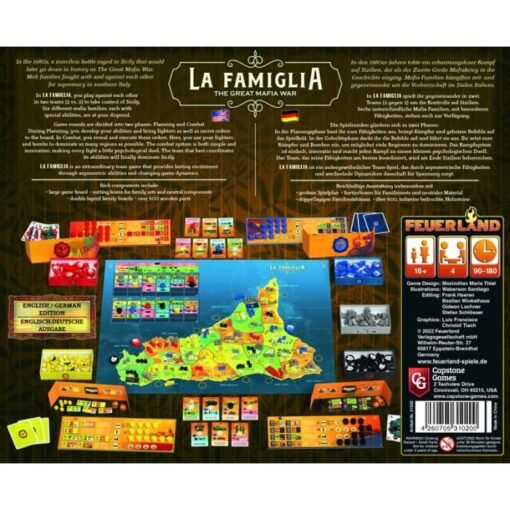 Retro della confezione del gioco da tavolo La Famiglia The Great Mafia World