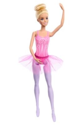 Barbie - Ballerina, bambola bionda con corpetto decorato a fiori e tutù viola rimovibile, braccia in posa da danza e scarpette da punta incluse, giocattolo per bambini, 3+ anni, HRG34