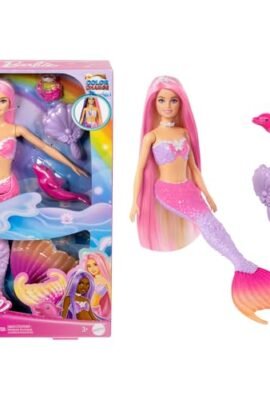 Barbie - Malibu Sirena, bambola con capelli rosa e accesory per lo styiling, funzione cambia colore in acqua, cucciolo di delfino incluso, giocattolo per bambini, 3+ anni, HRP97