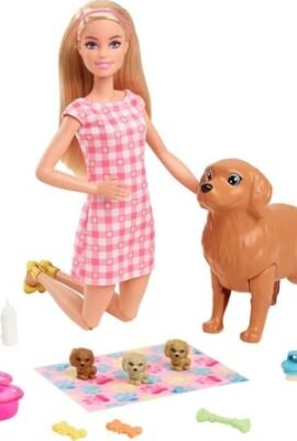 Barbie-Playset Cuccioli Appena Nati con Bambola Barbie Bionda, Cane che Partorisce, 3 Cuccioli e Funzione Cambia Colore e Accessori per Accudirli, Giocattolo per Bambini 3+ Anni, HCK75