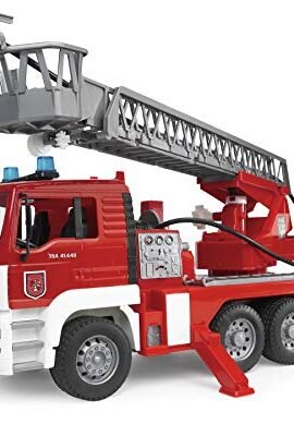 bruder 02771 - Autopompa MAN TGA con scala girevole, pompa dell'acqua, modulo luci e suoni, veicolo d'emergenza, autopompa