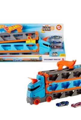 Hot Wheels - Camion Trasportatore 2 in 1, Trasportatore e Pista con 3 Auto in Scala 1:64 per Bambini da 4 a 8 Anni, HGH33, Imballaggio Sostenibile