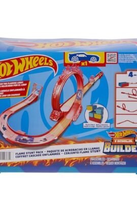 Hot Wheels - Hot Wheels pista tema fuoco e 1 macchinina, 16 pezzi di pista e componenti per acrobazie in confezione impilabile, giocattolo per bambini 4+ Anni, HMC04