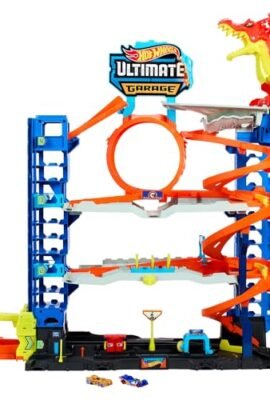 Hot Wheels City 'Let's Race' Netflix - Mega Garage, Playset con quattro livelli di gioco e drago divora auto, con 2 macchinine die-cast e box per riporre 50 veicoli in scala 1:64, 4+ anni, HKX48