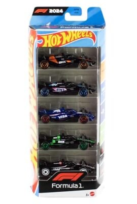 Hot Wheels Formula 1, Set da 5 macchinine auto da corsa, cinque veicoli die-cast in scala 1:64 con decorazioni dei team di corse di F1, giocattolo per bambini, 3+ anni, JFG58