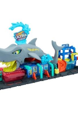 Hot Wheels 'Let's Race' Netflix - Mega Squalo Autolavaggio, pista con rullo di schiuma e cancelli mobili, funzione cambia colore e macchinina Color Reveal inclusa, 3+ anni, HTN82
