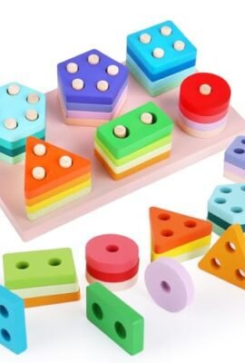 TNOMSNO Giochi Montessori, 24 Pezzi di Forme Geometriche Ordinamento e Impilamento Block Board, Giocattoli in Legno Impilabili e Abbinabili per Bambini, Regalo giocattolo per bambini 2 3 4 5 6