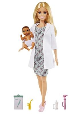 Barbie - Playset Pediatra con Bambola Barbie Bionda e Neonata, Stetoscopio, Termometro, Oscilloscopio, Cartella Clinica, Coperta, Biberon, Accessori da Pediatra, Giocattolo per Bambini 3+ Anni, GVK03