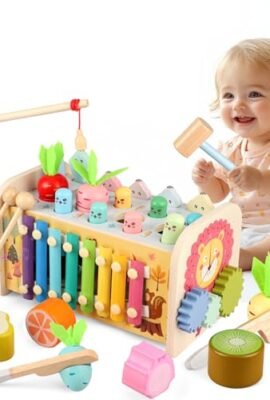 Giochi Montessori 1 Anno, 9 in 1 Giocattoli Bambini Cubo Multiattivita Legno Gioco Educativi Bambi con Giochi Pesca, Strumenti Xilofono, Acchiappa La Talpa, Regalo Compleanno 2 3 4 5 Anni 12 18 Mesi