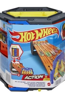 Hot Wheels- Pista Srotolabile Super Discesa, Bauletto si Trasforma in Pista a 5 Corsie, Include 1 Macchinina in Scala 1:64, Imballaggio Sostenibile, Giocattolo per Bambini 4-10 Anni, HGK41