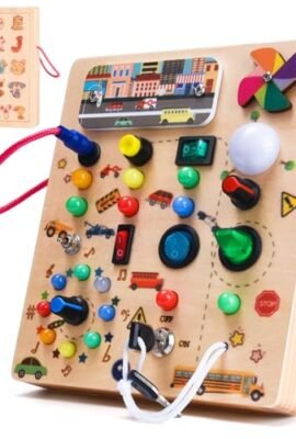 Nauotk Busy Board in Legno, Giochi Montessori per Bambini 2 Anno, Lavagna attività con 19 LED, Giochi Educativi Sensoriale del Bambino, Lavagna attività Portatile Regalo Bimbo 2 3 4 Anni