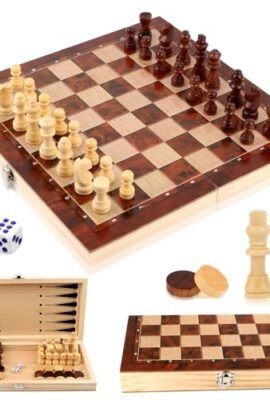 talifoca 3 in 1 Scacchiera in Legno, Scacchiera Pieghevole Chess Board Set, pieghevole portatile set scacchiera, per bambini adulti festa di viaggio 29x29 cm
